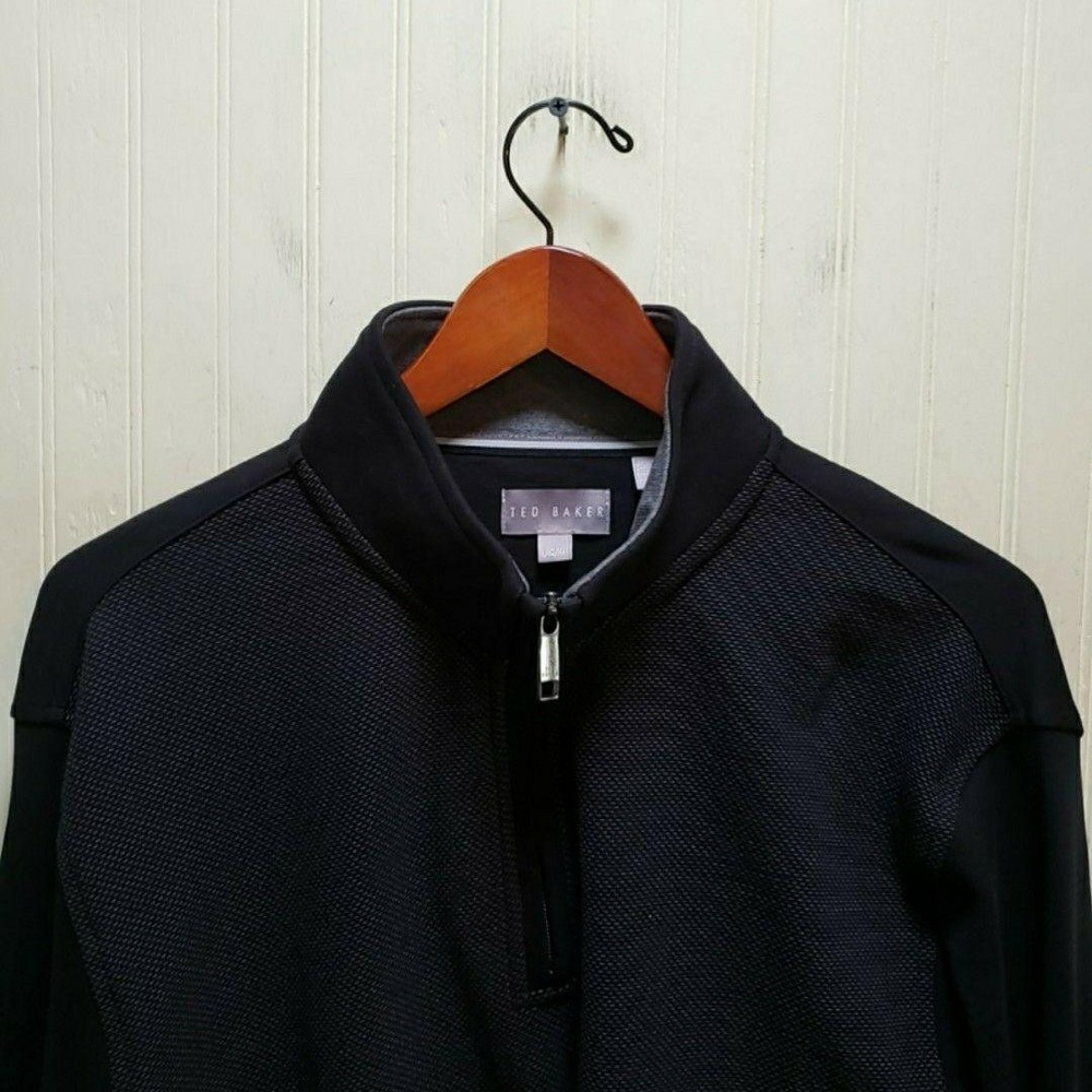 Ted Baker Sweater‎ Mens Large Black Quarter Zip Mock Neck Knit Textured Pullover